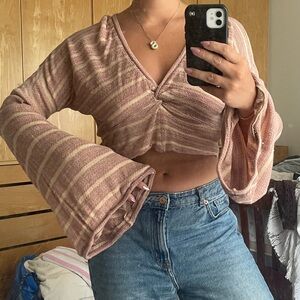 Free People Brown Tan Ruched Crop Blouse